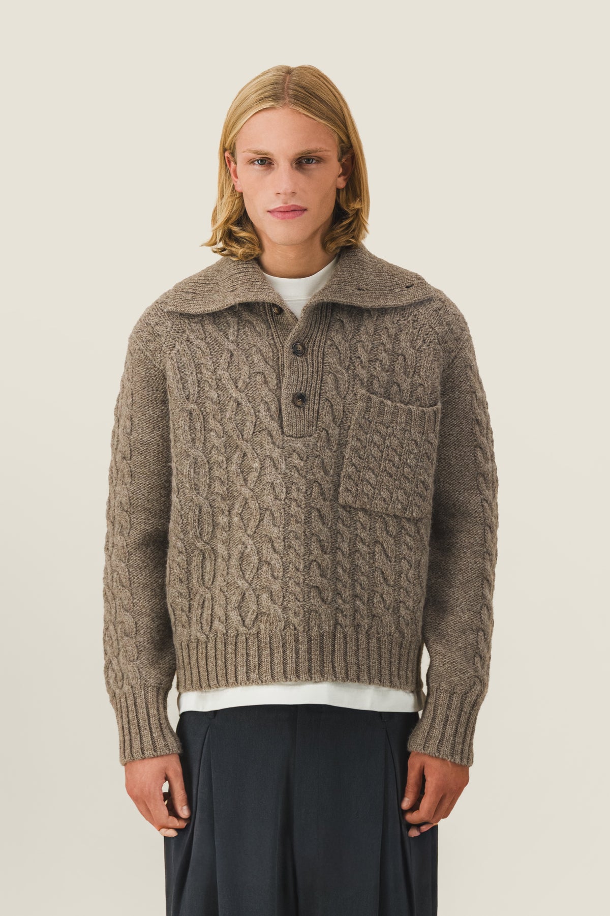 Aran sweater with trucker neck