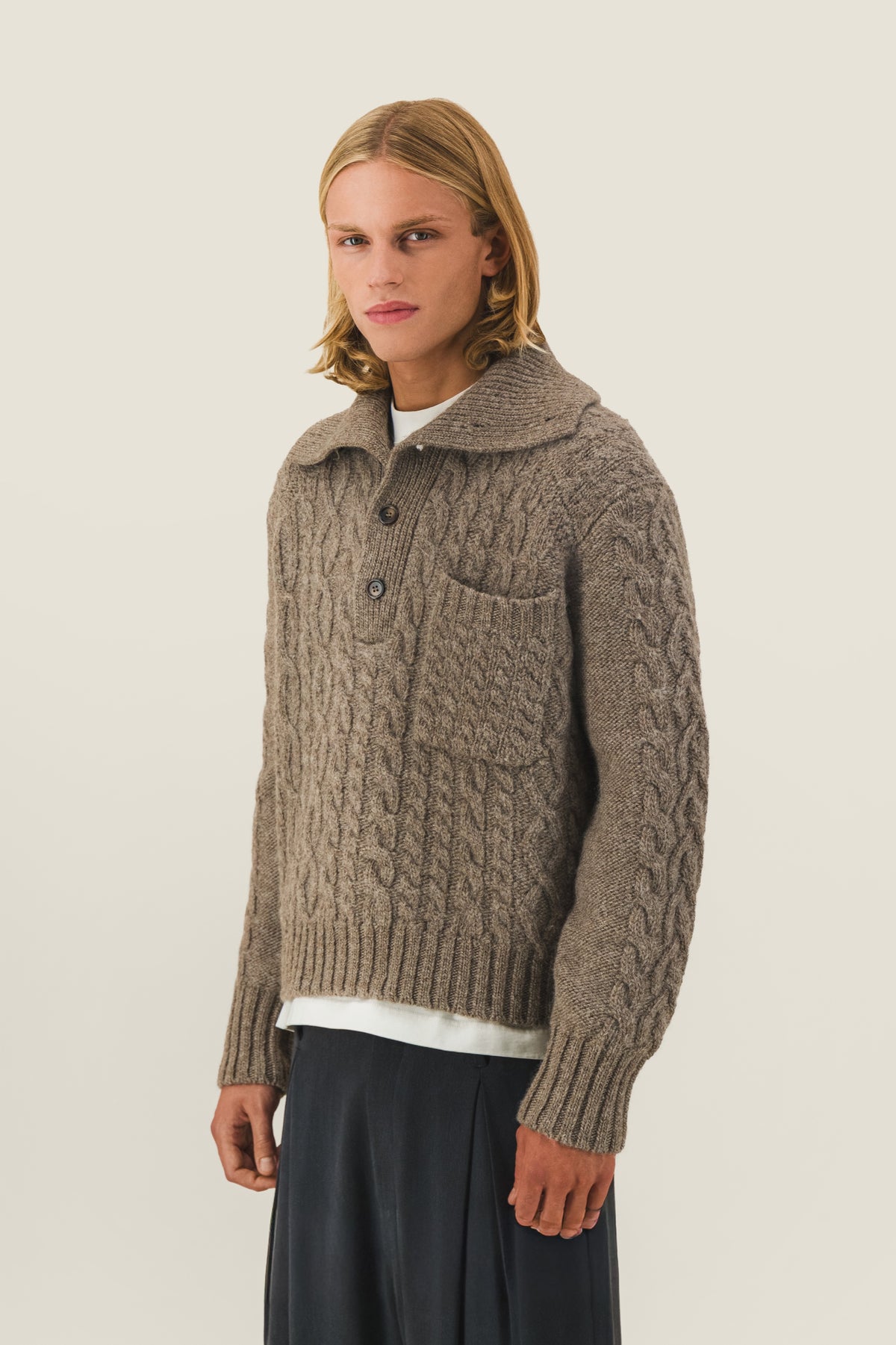Aran sweater with trucker neck